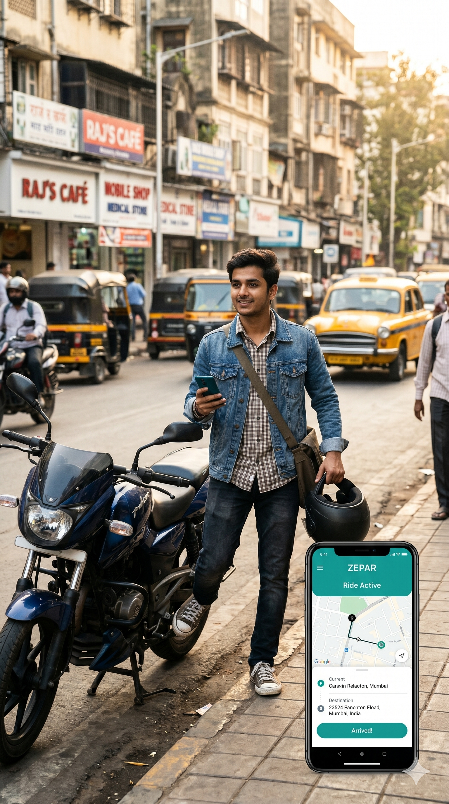 A rider checking the ZEPAR app on the go